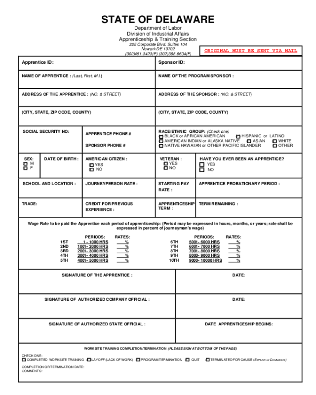 Apprenticeship and Training Agreement Form - Delaware