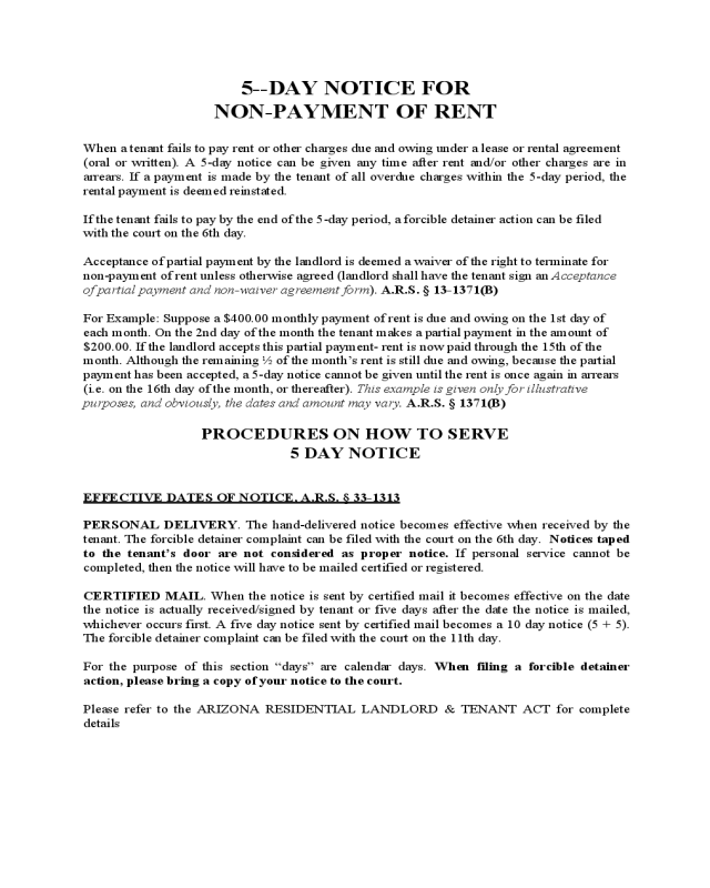 Arizona Five Day Notice for Non-Payment of Rent