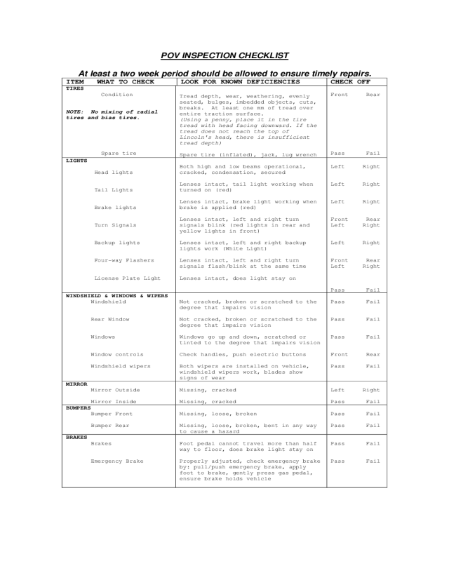 Army Vehicle Inspection Form Sample