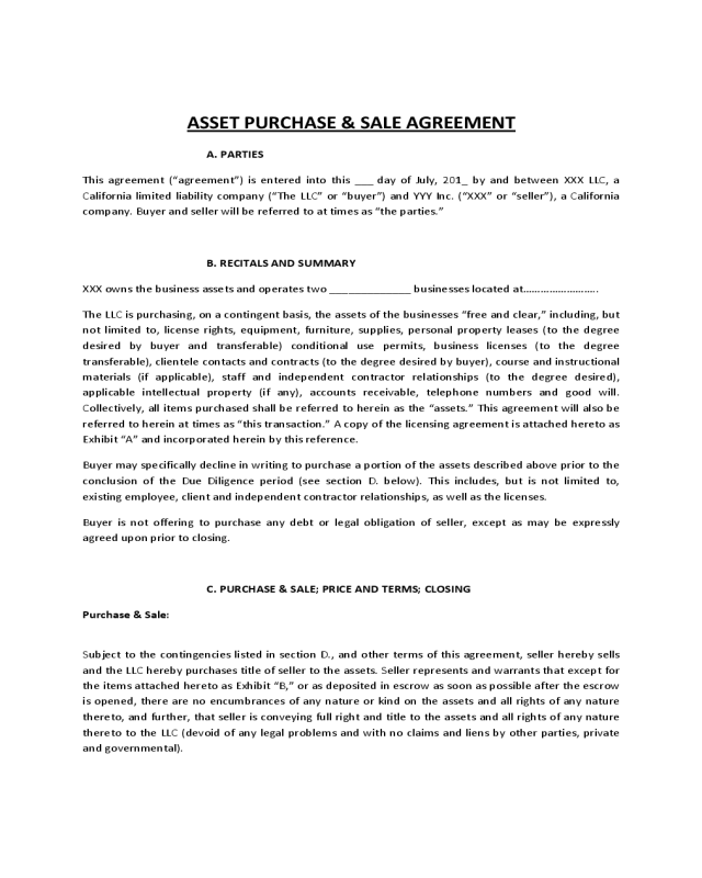Asset Purchase and Sale Agreement Form