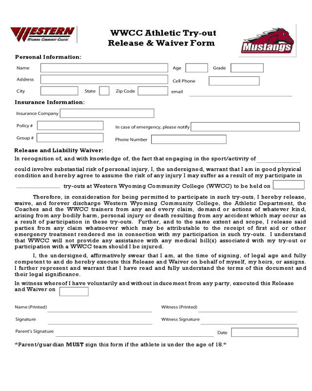 Athletic Waiver Form - Western Wyoming Community College