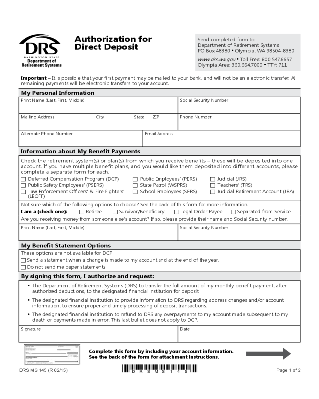 Authorization Form for Direct Deposit - Washington