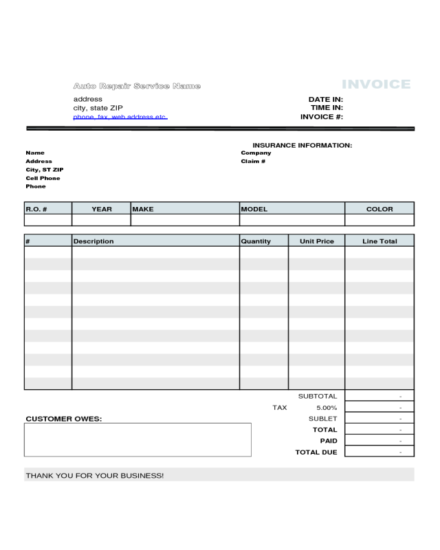 Auto Repair Service Invoice Template