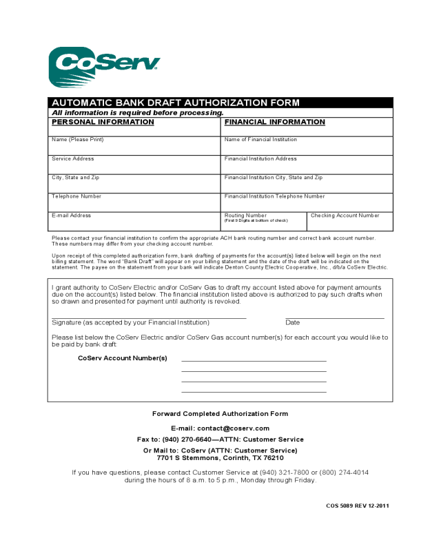 Automatic Bank Draft Authorization Form - CoServ