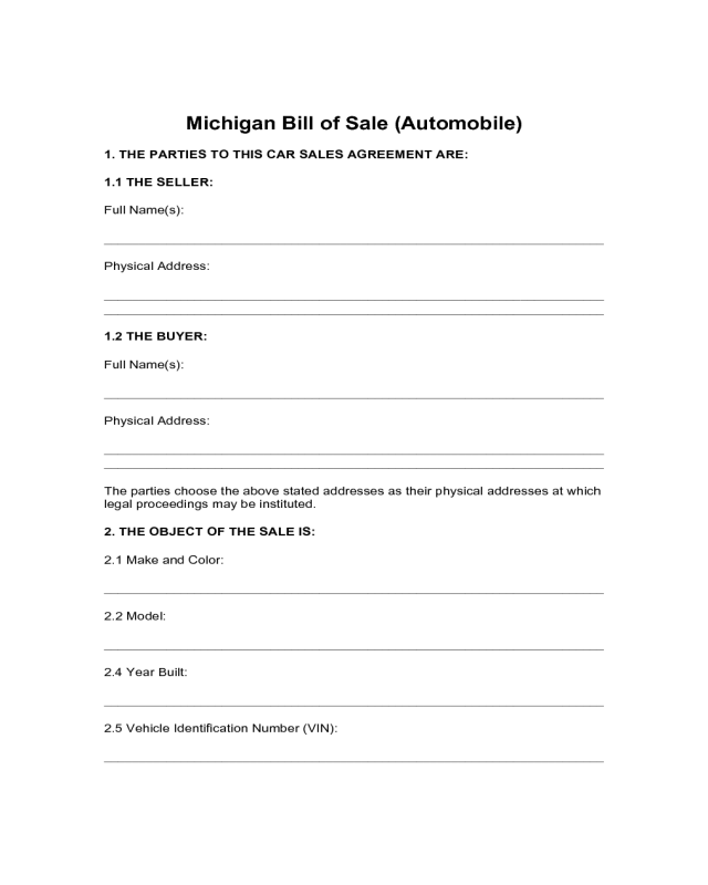 Automobile Bill of Sale Form - Michigan