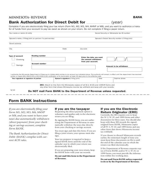 Bank Authorization Form - Minnesota