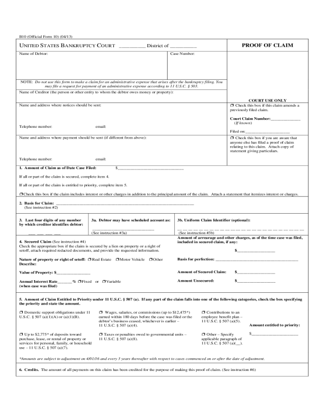 Bankruptcy Proof of Claim Form