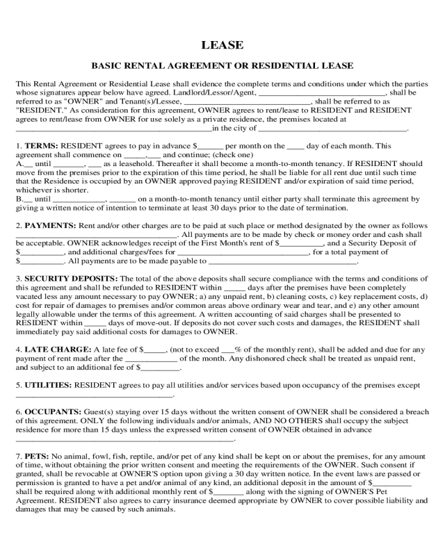 free standard residential lease agreement template word pdf eforms