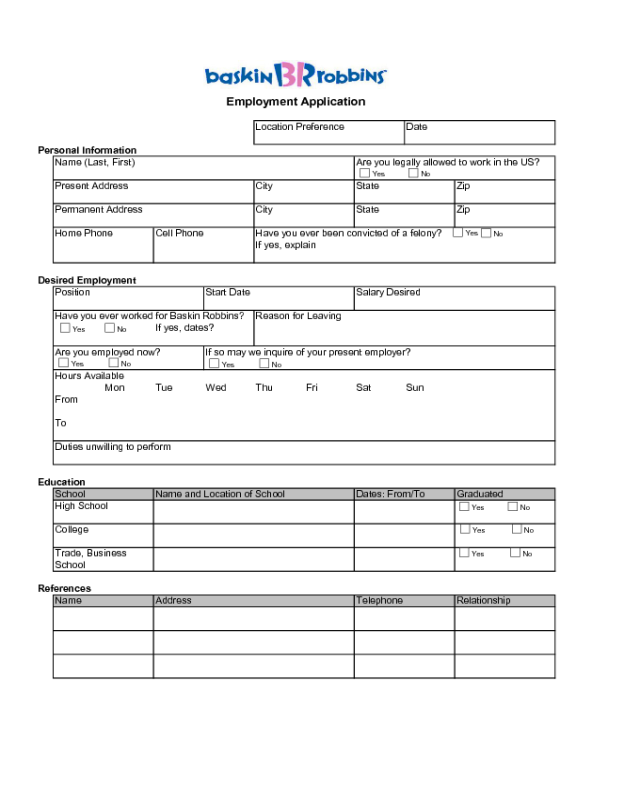 Baskin Robbins Application Form