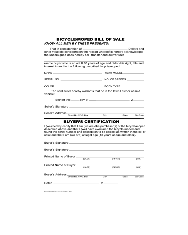 Bicycle or Moped Bill of Sale Form - Hawaii