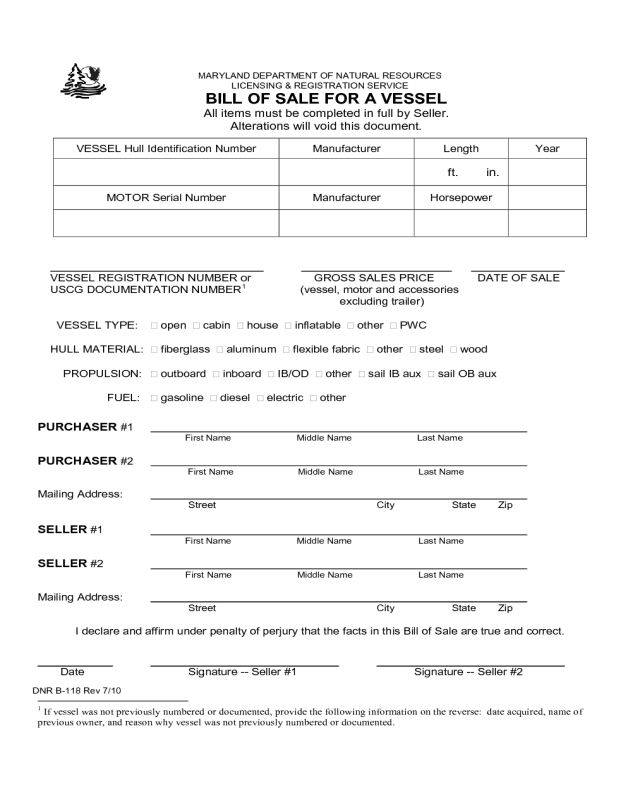 Bill of Sale For A Vessel - Maryland