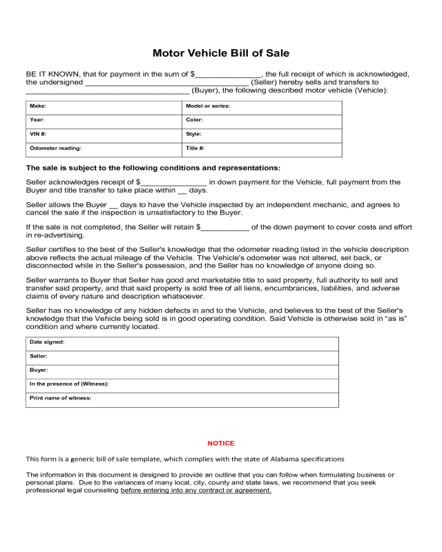 Bill of Sale for Motor Vehicle