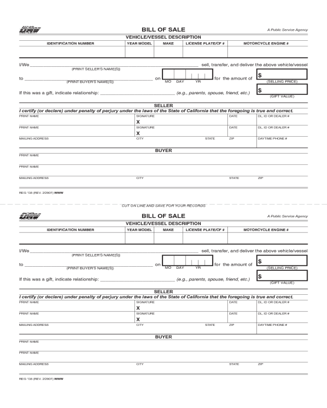 Bill of Sale for Vehicle or Vessel - California - Edit, Fill, Sign ...