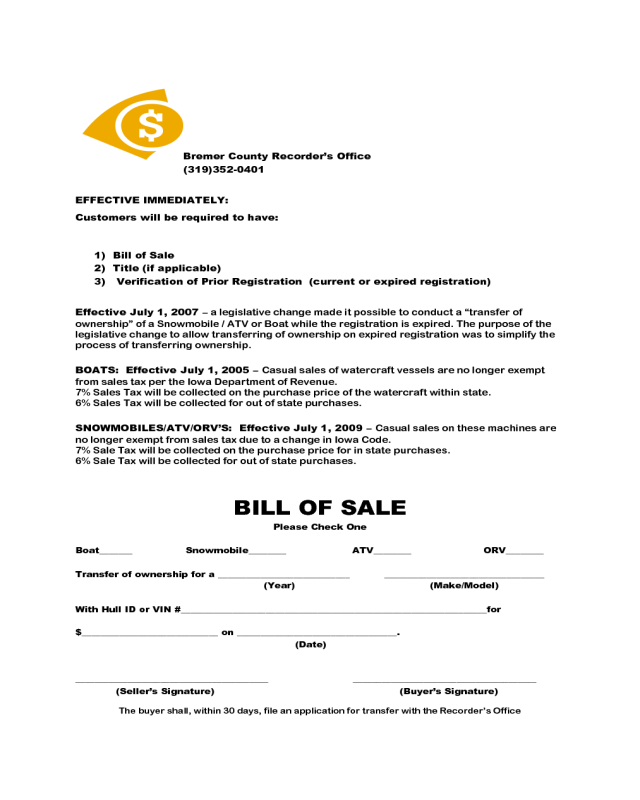 Bill of Sale Form for Snowmobile - Iowa