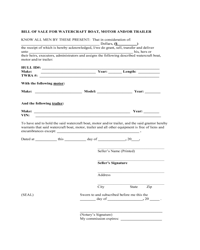 Bill of Sale Form for Watercraft