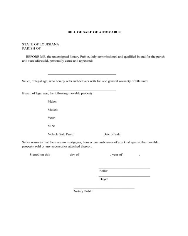 Bill of Sale of a Movable Property of Vehicle - Louisiana