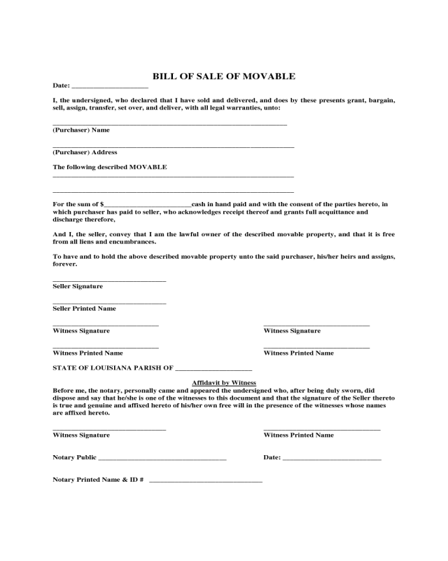 Bill of Sale of Movable - Louisiana