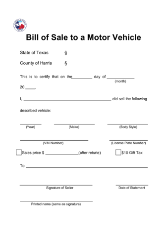 Bill of Sale to a Motor Vehicle - Texas - Edit, Fill, Sign Online ...