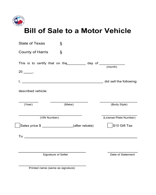Bill of Sale to a Motor Vehicle - Texas