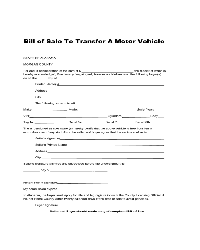 Bill of Sale To Transfer A Motor Vehicle - Alabama