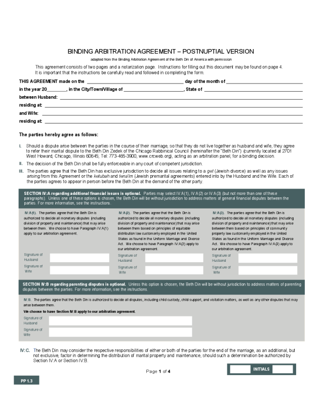 Binding Arbitration Agreement - Postnuptial Version - Chicago