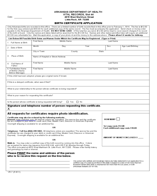 Birth Certificate Application - Arkansas