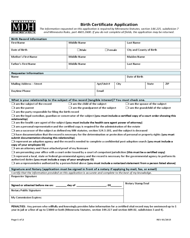 Birth Certificate Application Minnesota Edit Fill Sign Online 