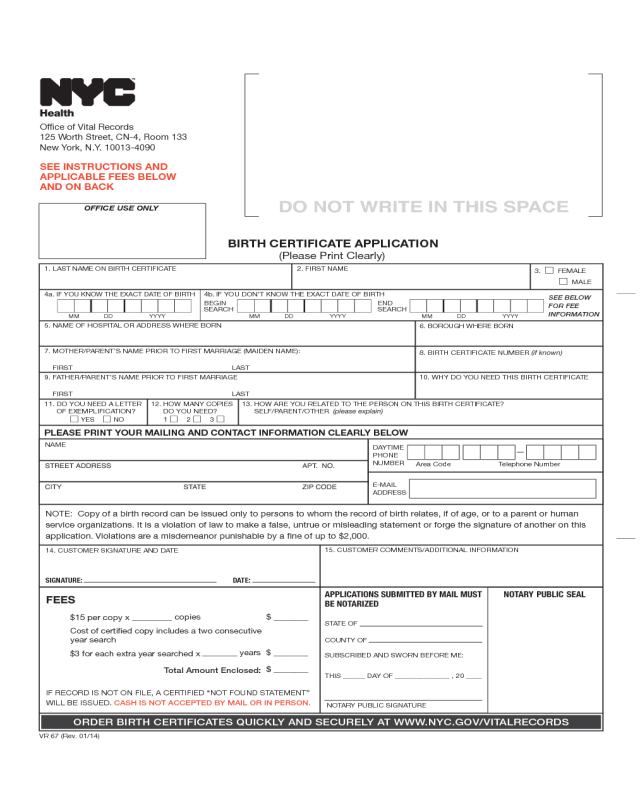 Birth Certificate Application - NYC