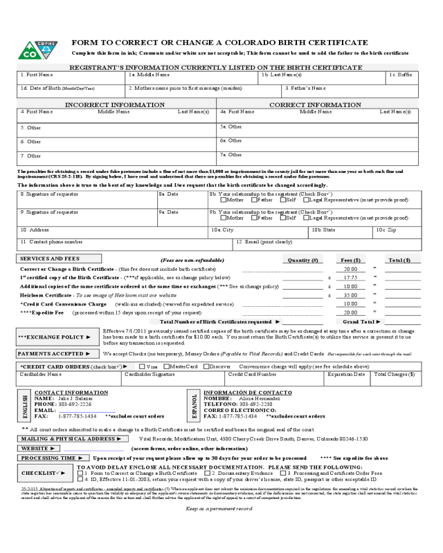Birth Certificate Change or Correct Form - Colorado