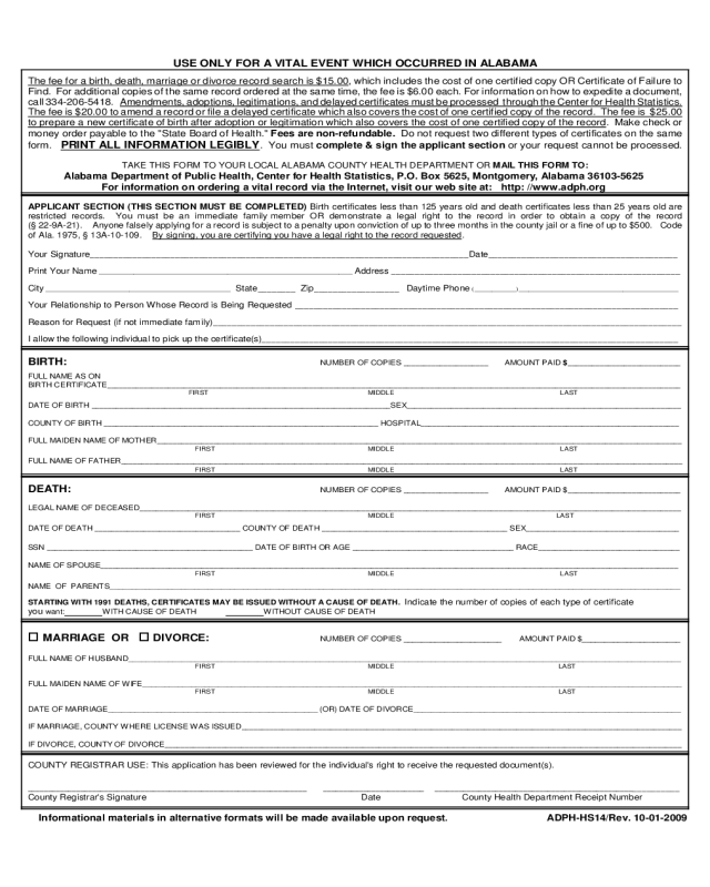 Birth Certificate Request Form - Alabama