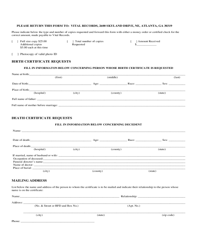 Birth Certificate Request Form - Georgia