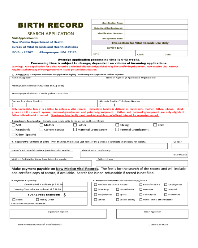 Birth Certificate Request Form - New Mexico