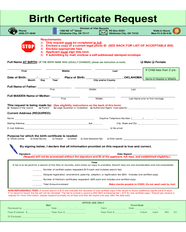 Birth Certificate Request - Oklahoma