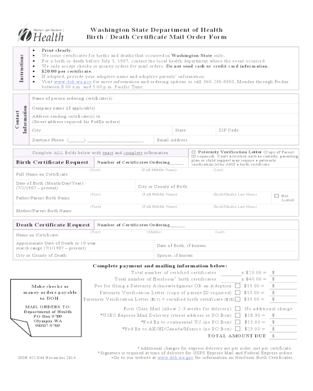 Birth / Death Certificate Mail Order Form - Washington