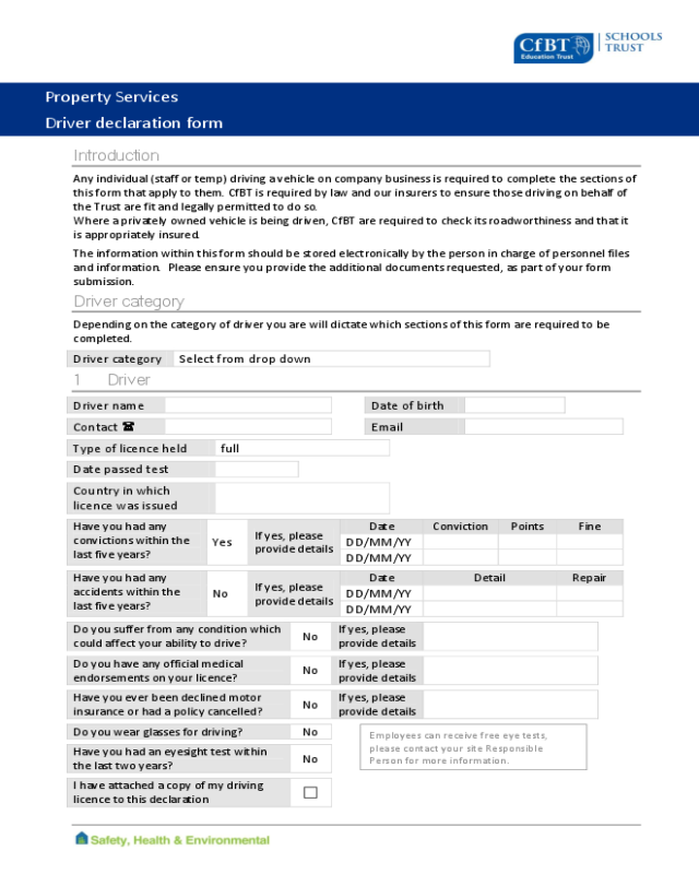 Blank Drivers Declaration Form