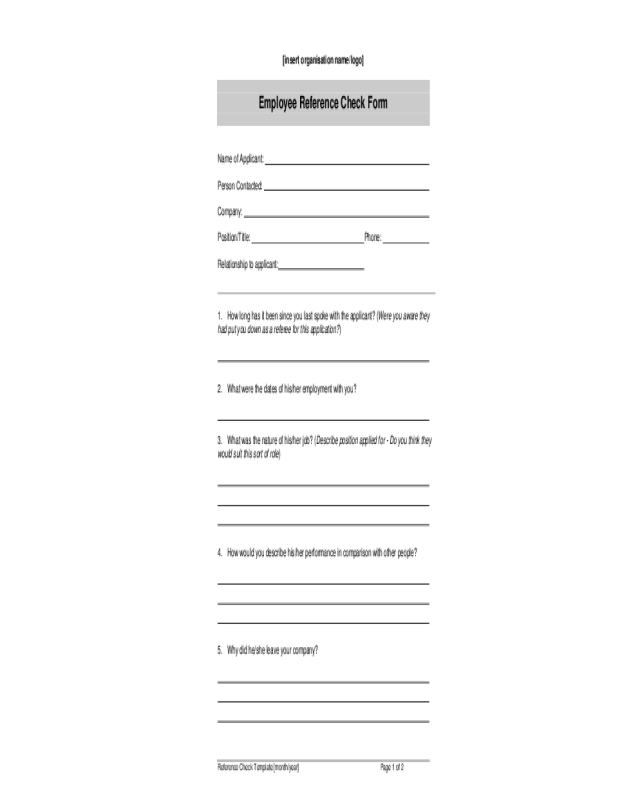 Blank Employee Reference Check Form