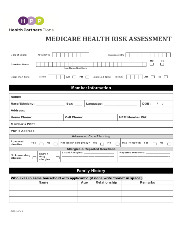 Blank Medicare Health Risk Assessment Form