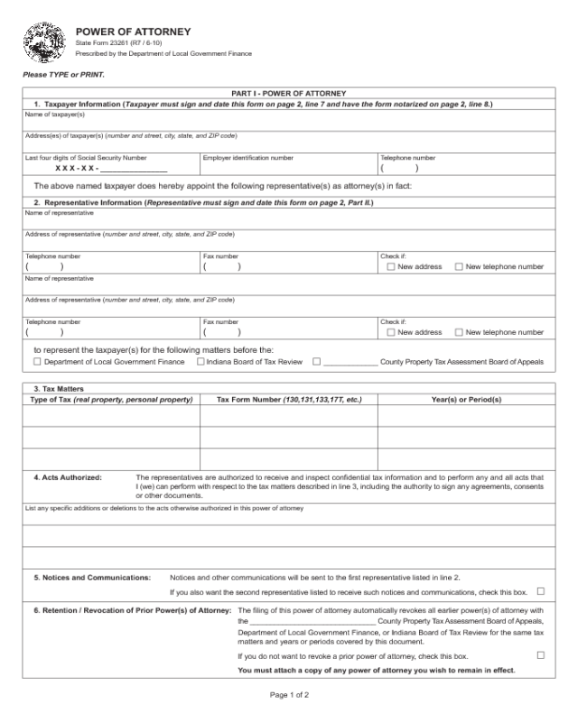 Blank Power of Attorney Form - Indiana