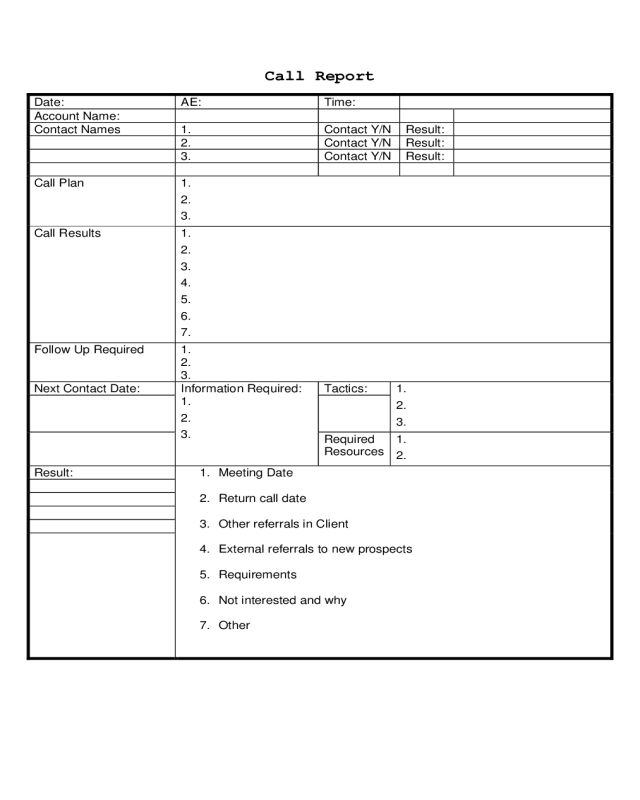Blank Sales Call Report Template