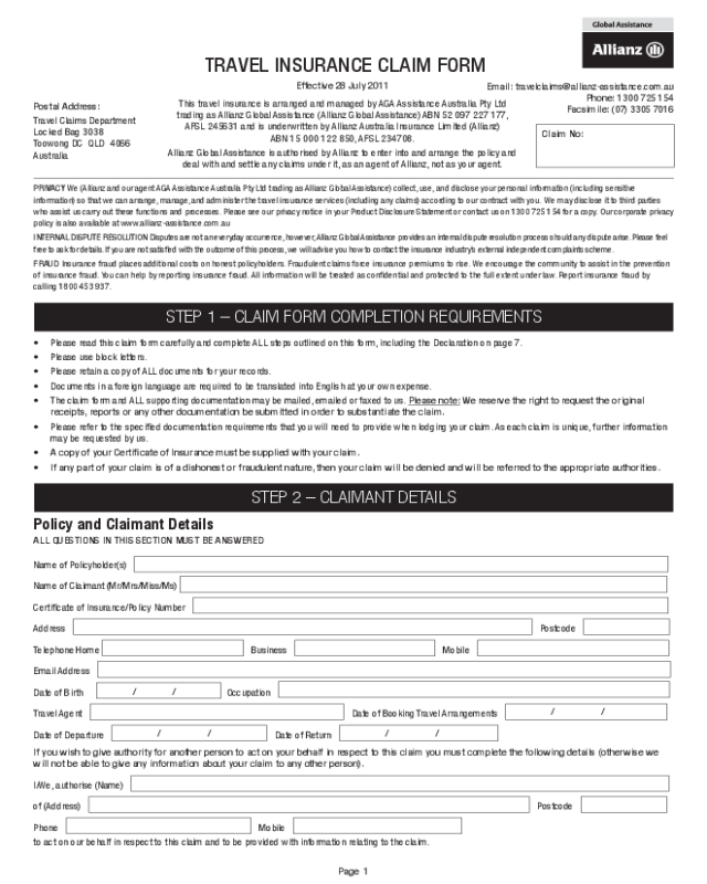 Blank Travel Insurance Claim Form