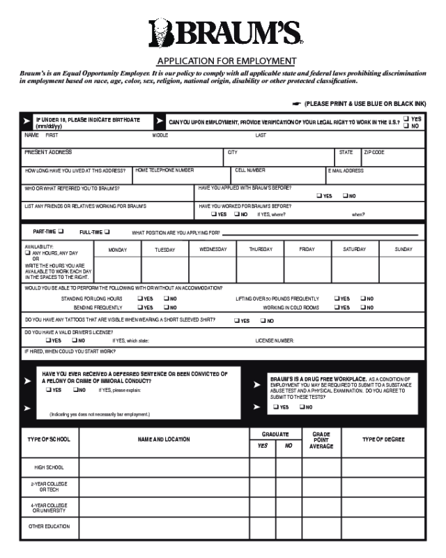 Braum's Application Form