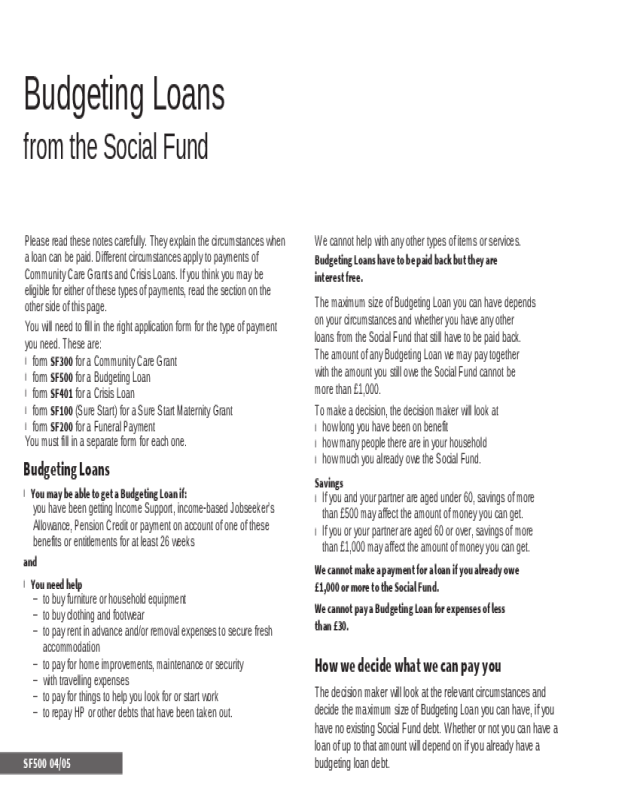 Budgeting Loans from the Social Fund Form