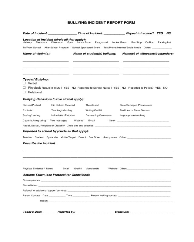 Bullying Incident Reporting Form Sample
