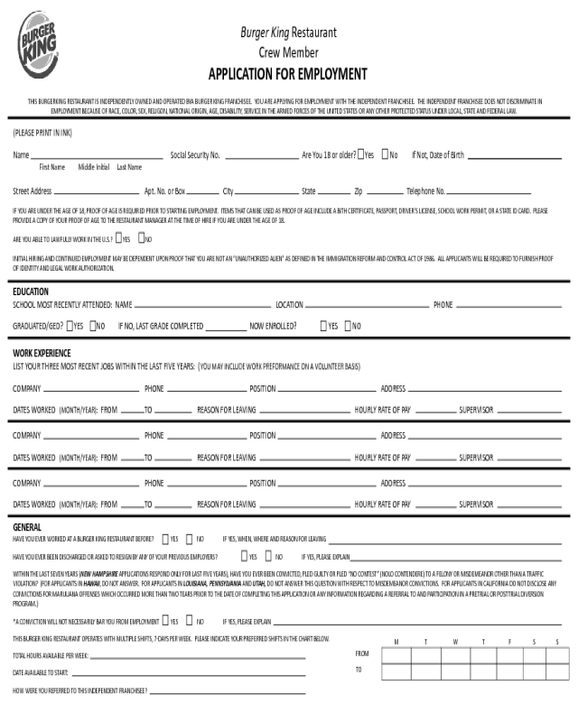 Burger King Application Form