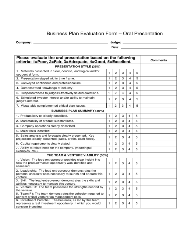 Business Plan Evaluation Form