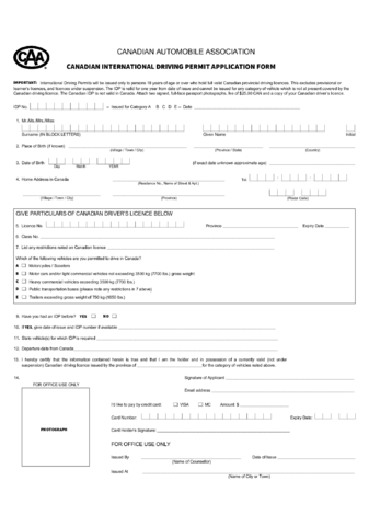 Canadian International Driving Permit Application Form Edit Fill   Canadian International Driving Permit Application Form Page1 M 