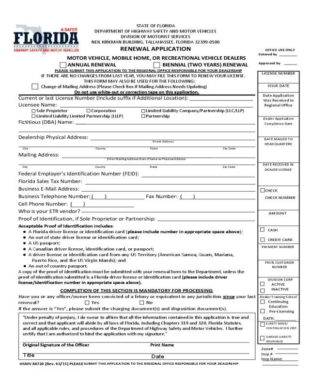 Car Licence Renewal Form - Florida