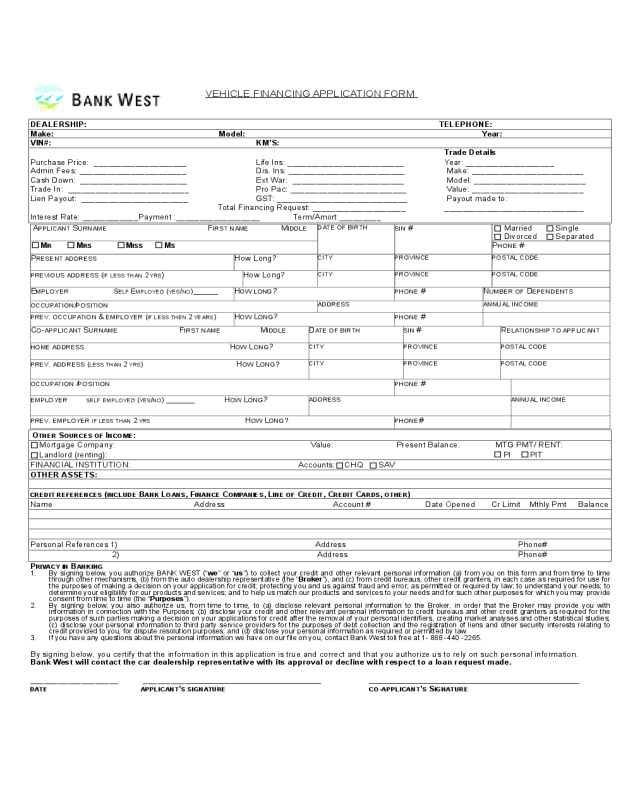 Car Loan Application Form - Bank West