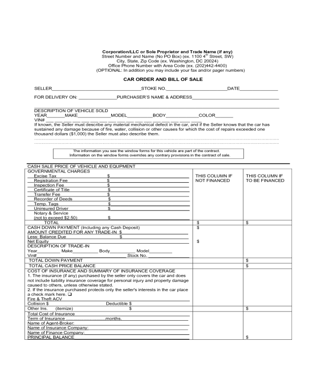Car Order and Bill of Sale Form - District of Columbia