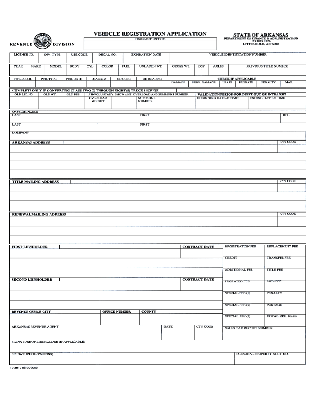 Car Registration Form - Arkansas